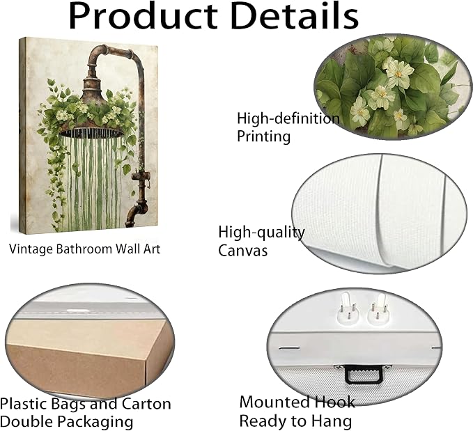 XcwDt is Vintage Rust Spray Head Canvas Wall Art,Shower Head Green Painting Print,Farmhouse Bathroom Botanical Nature Wall Decor,for Toilet Living Room Farmhouse Laundry Room 16 x 24 In