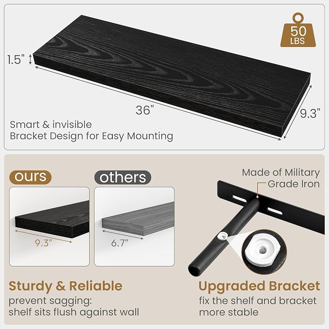 Fun Memories Black Floating Shelves 36 Inch Long, 9.3 Inch Deep Floating Shelf 2 Pack for Wall Bathroom, Living Room, Kitchen, Large Long Wall Shelves with Heavy-Duty Bracket for Books Decor
