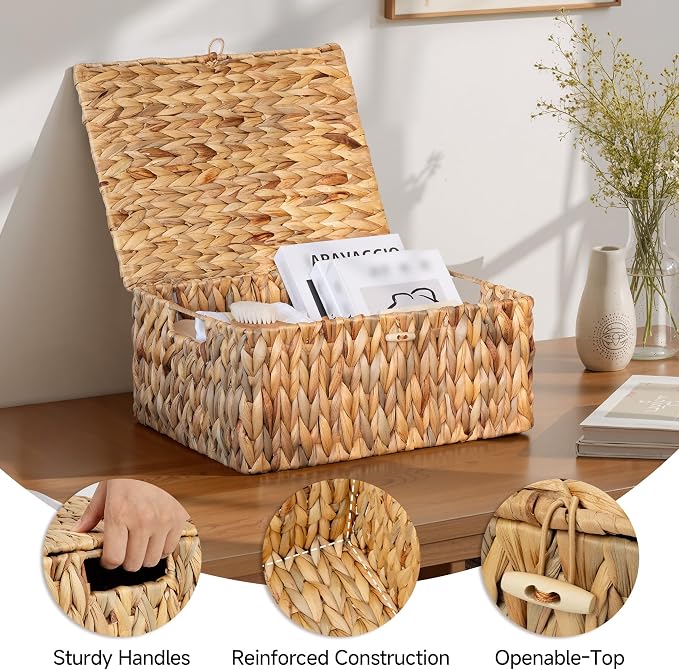 StorageWorks Extra Large Wicker Basket with Lid, Baskets for Shelves | Woven Baskets with Lids for Shelves, Wicker Storage Baskets with Lids, Decorative Box, Lidded Baskets for Organizing, 1 Pack