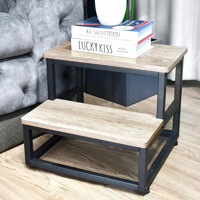 SZLHANJZ Step Stool, Wood & Metal Step Stools for Adults Kids, 500 LB Load | 2 Steps for Adults Kids, Bedside Stepping Stool for High Bed with Round Corners, Step Foot Stool for Kitchen Bedroom, Beige