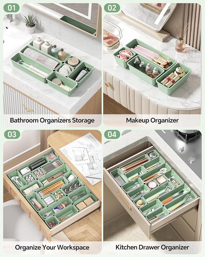 Canfanni 13 Pack Plastic Drawer Organizers Set, 3 Sizes Desk Drawer Organizer Trays for Vanity and Makeup Organizer, Organization and Storage for Makeup, Kitchen Utensils, Bathroom and Office(Green)