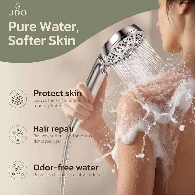 6-Setting Filtered Handheld Shower Head, JDO High Pressure Shower Head with Replaceable Filter Cartridge 4.7 Inch Detachable Showerhead for Chlorine Hard Water Removal 59 Inch Stainless Steel Hose