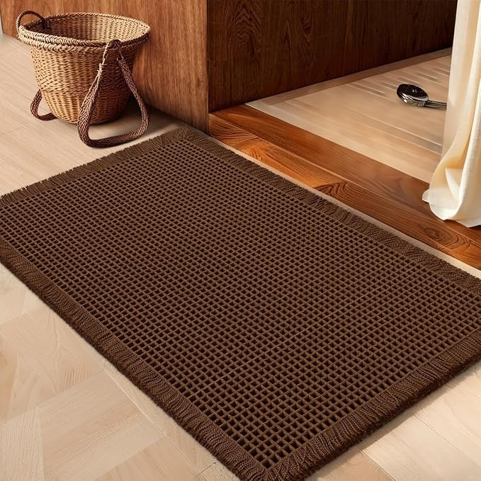 Waffle Bath Mat Brown 32"x20", Boho Woven Modern Bath Mat Rugs, Absorbent Non Slip Bathroom Rugs, Soft Washable Bath Rugs with Tassels for Bathroom, Bedroom, Kitchen, Shower, Tub
