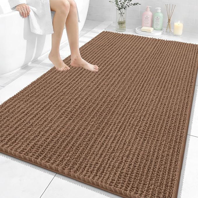 OLANLY Large Bathroom Rugs 59x35, Thick Soft Absorbent Chenille Bath Rugs | Mocha, Quick-Drying Rubber Backing, Shaggy Bath Mat, Machine Washable for Floor, Tub and Shower, Home Decor Accessories