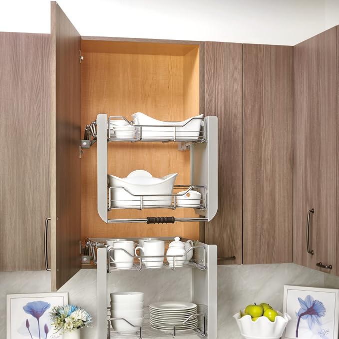 Rev-A-Shelf 24" Pull Down Heavy Duty Shelf Organizer for Tall Kitchen/ Bathroom Cabinets, Dual Tier Wall Mounted Pantry Storage, Chrome, 5PD-24CRN | Dual Tier Wall Mounted Pantry Storage for Tall Kitchen/Bathroom Cabinets, 5PD-24CRN