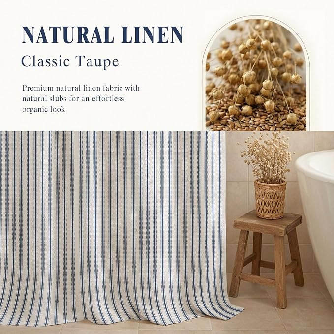 Farmhouse Striped Shower Curtain Navy Blue Vintage Linen Curtain 72W X 72L | Striped Shower Curtains with Linen Texture for Bathroom Decor