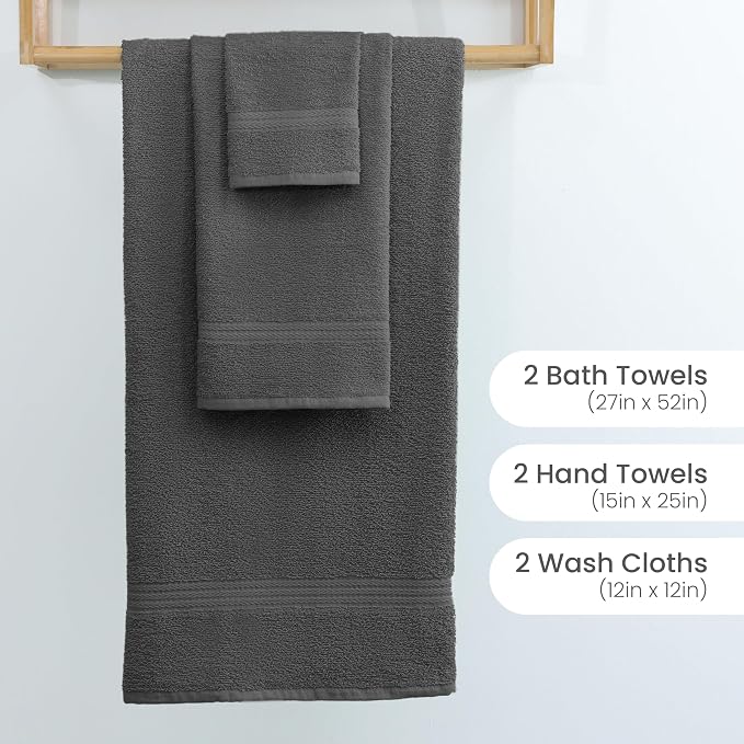 Martex Easy Living Everyday 6-Piece Bathroom Towel Set, Charcoal | 2 Bath Towels, 2 Hand Towels, 2 Wash Cloths, 100% Cotton, Soft, Quick-Dry