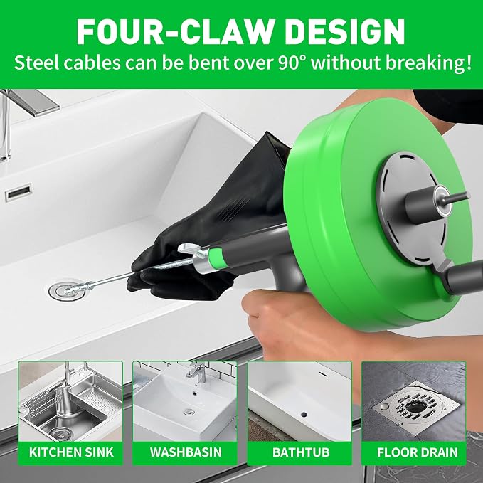 BACOENG 50Ft Drain Auger, Heavy Duty Plumbing Snake with Drill Adapter, Use Manually or Powered for Drain Clog, Shower Sink, Comes with Gloves and Bag (Green)