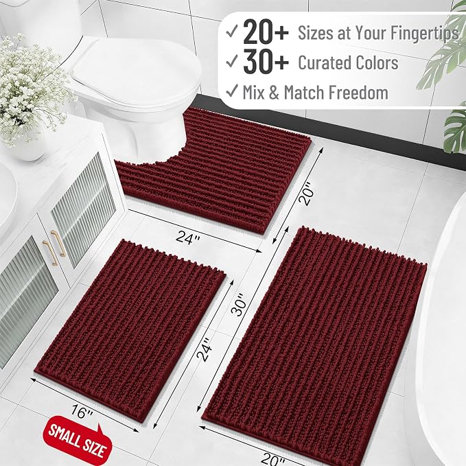 OLANLY Large Bathroom Rugs 40x32, Thick Soft Absorbent Chenille Bath Rugs | Burgundy, Quick-Drying Rubber Backing, Shaggy Bath Mat, Machine Washable for Floor, Tub and Shower, Home Decor Accessories