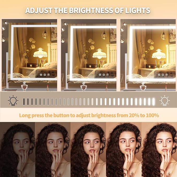 Hasipu Vanity Mirror with Lights, 39.4" x 28.3" LED Makeup Mirror, Light up Mirror with 10X Magnification and Phone Holder, USB Charging Port, Smart Touch 3 Colors Dimmable (White)