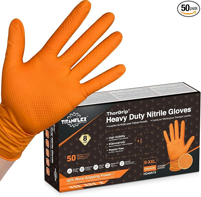 Heavy Duty Industrial Orange Nitrile Gloves, 8-mil, Gloves Disposable Latex Free with Raised Diamond Texture Grip, Powder Free, Rubber Glove, Mechanic Gloves,50-ct Box (Small)