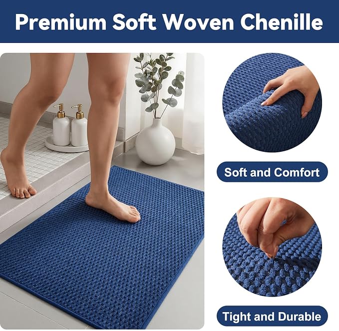 Triohero Large Bathroom Rugs Non Slip Washable Bath Rugs Super Absorbent Bathroom Rug Thin Quick Dry Low Pile Bath Mats, Navy Blue 36"x48"