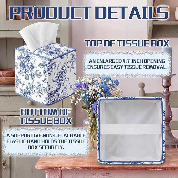 Blue Fabric Tissue Box Cover Floral Print Cotton Tissue Box Decorative Square Napkin Holder Vintage Cottagecore Home Decor for Bathroom Bedroom Vanity Countertop Home Office Kitchen