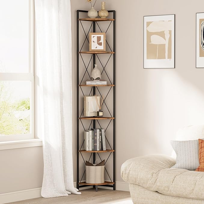 6 Tier Corner Shelf Stand, 78" H Tall Corner Bookshelf, Rustic Brown | Industrial Metal Corner Shelf for Living Room Decor, Plant Stand Display Shelf for Bedroom, Bathroom, Small Spaces
