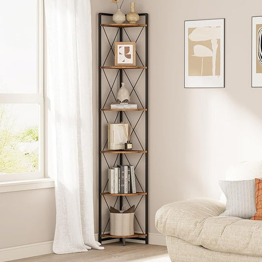 6 Tier Corner Shelf Stand, 78" H Tall Corner Bookshelf, Rustic Brown | Industrial Metal Corner Shelf for Living Room Decor, Plant Stand Display Shelf for Bedroom, Bathroom, Small Spaces