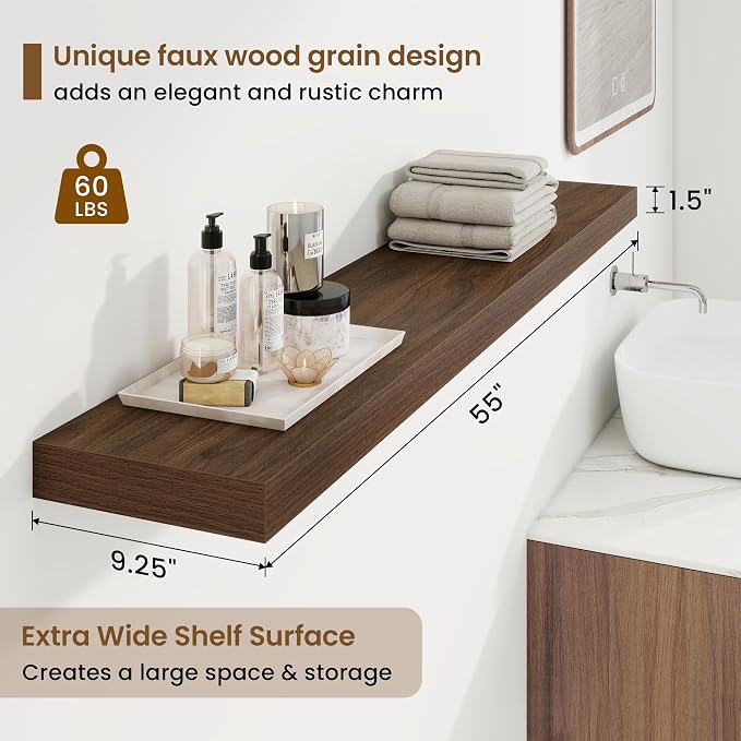 9.25in Depth 55in Floating Shelves, 55"W x 9.25"D x 1.5"H, Walnut, 2Pcs | Long Wall Mounted Engineered Wood Shelves for Wall with Invisible Brackets for Living Room, Bedroom, Bathroom, Kitchen