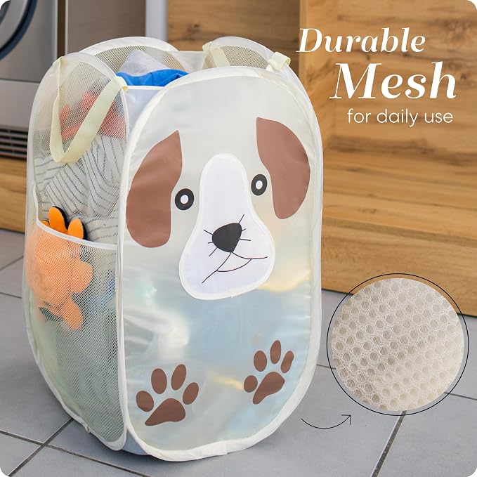 Pop Up Laundry Hamper, Cute Puppy 71L Collapsible Mesh Basket with Handles | Collapsible Mesh Pop Up Hamper, Wide Opening, Side Pocket, Breathable, Sturdy, Foldable, Space-Saving for Clothes Storage