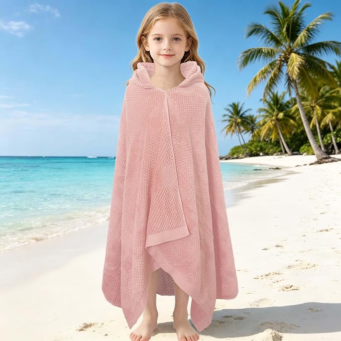 VOOVA & MOVAS Kids Bath Towel, 6-10 Years, 100% Cotton, Light Pink Waffle | Vertical Raised Waffle Surface, Plush Thick Towel, High Absorbency for Pool and Beach