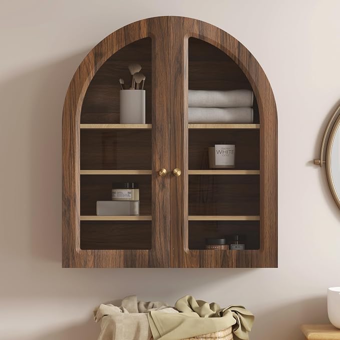 Fluted Arched Wall Cabinet, Large Wood Bathroom Medicine Cabinet Wall Mounted Cupboard, Modern Floating Storage Cabinet with Acrylic Door Adjustable Shelf, Organizer, Brown-Oak