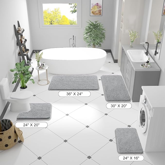 OLANLY Bathroom Runner Rugs 47x20, Extra Soft Absorbent Chenille Bath Rugs | Light Grey, Quick-Drying Rubber Backing, Washable Long Bath Mat for Bathroom Floor, Tub and Shower, Home Decor Accessories