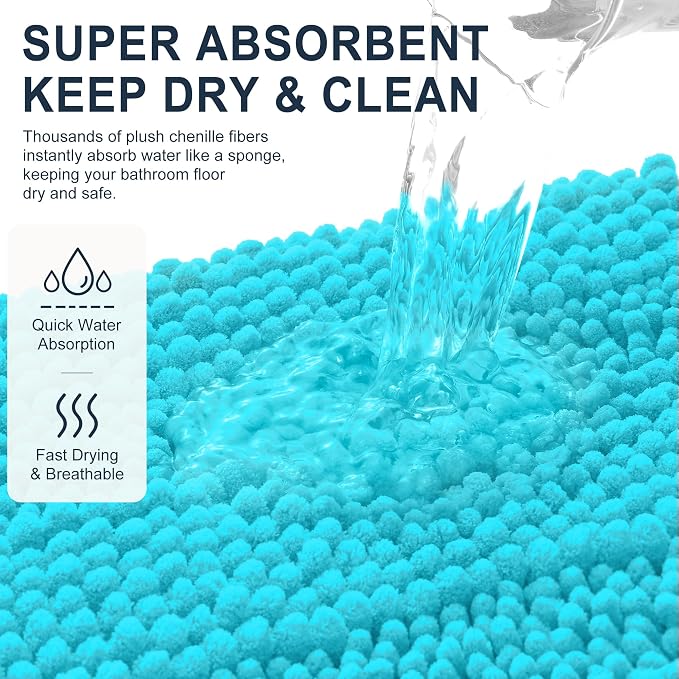 Smiry Thick Small Chenille Bathroom Rugs 24x16, Soft Bath Mat, Aqua Sky | Quick‑Dry & Machine Washable, Non‑Slip Bath Carpet, Striped Bath Rugs for Tub & Shower, Modern Home Decor Accessories