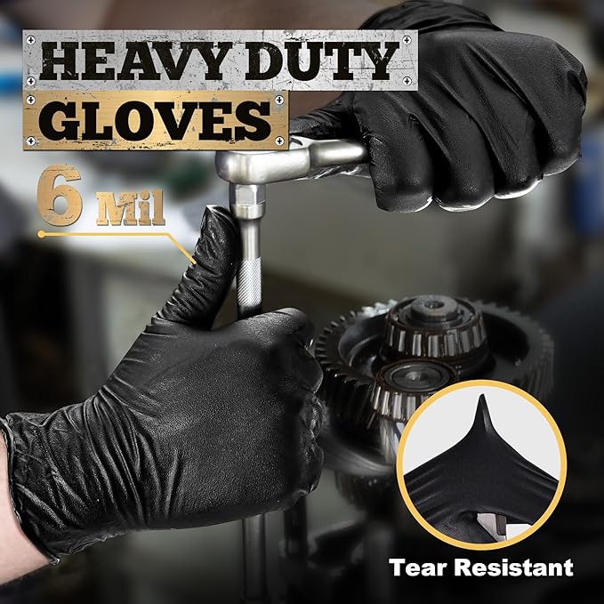 Heavy Duty Black Nitrile Gloves, 6 Mil, Fully Textured, Mechanic Disposable Gloves, Latex Free, Powder Free