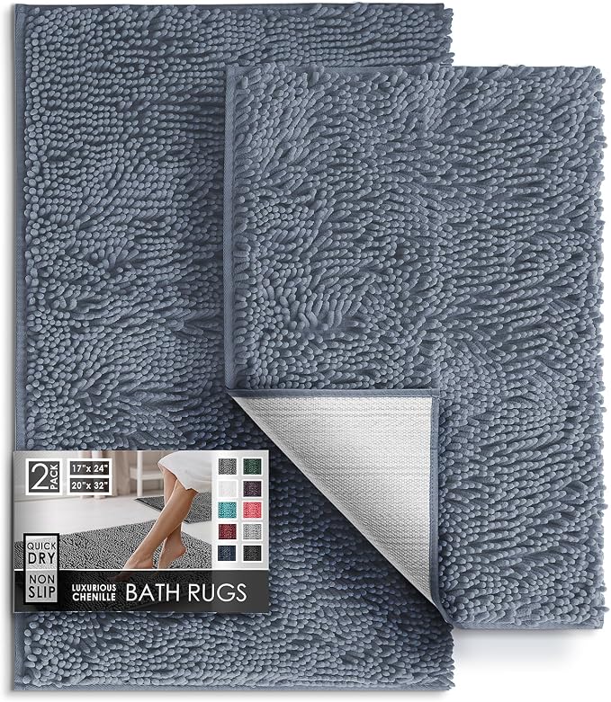 Hearth & Harbor Bathroom Rugs, Chenille Bath Mat - Machine Washable Bath Mats for Bathroom Non-Slip Backing Rubber, Quick Dry Bathroom Mat, 17 x 24 + 20 x 32 - Stone Blue