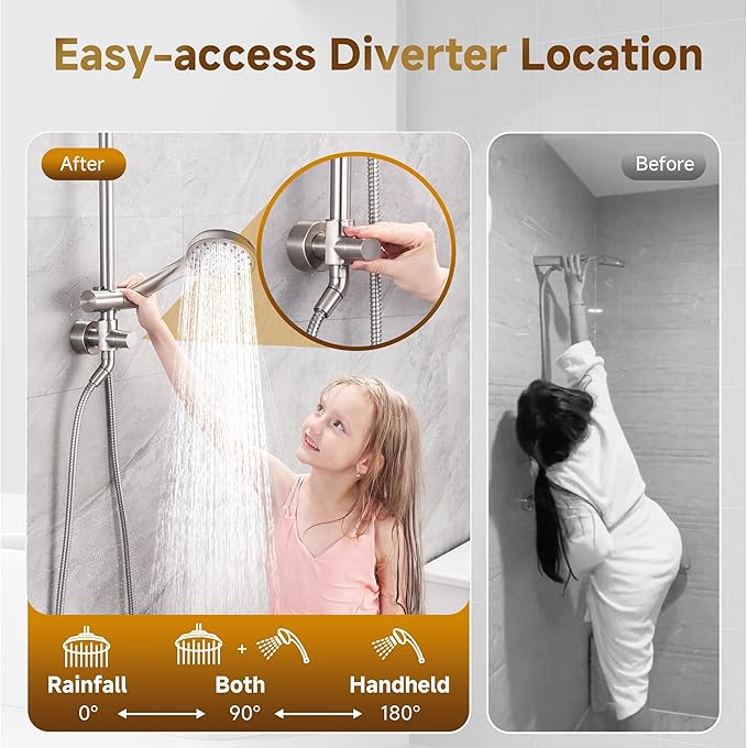 BRIGHT SHOWERS Rain Shower Heads System - 9 Inch Rainfall Shower Head and Handheld Shower Head with Height Adjustable Holder, Solid Brass Rail and 60" Long Stainless Steel Shower Hose, Brushed Nickel