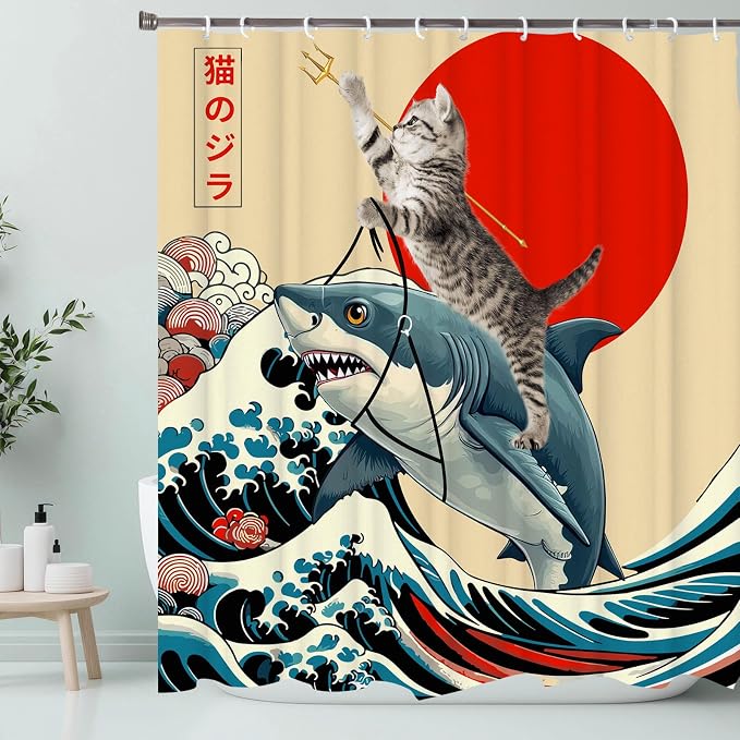 Funny Japanese Cat Shower Curtain, Vintage Cat Riding Shark Japan Anime Sunset Wave Waterproof Shower Curtain with Hooks, Animal Fabric Shower Curtains Bathroom Decor 72X72inches