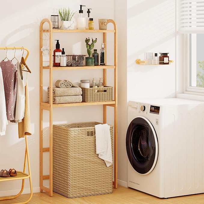 GIANTEX Bamboo Over The Toilet Storage, 3-Tier Over Toilet Bathroom Organizer with 3 Hooks & Adjustable Shelves, Freestanding Space Saver Above Toilet Shelf Rack for Laundry, Balcony, Restroom