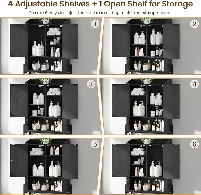 Over The Toilet Storage Cabinet with 2-Door & Metal Stand, Black | Toilet Paper Holder, 3 Extra Hooks, Anti-Tipping Device, With Adjustable Shelves, for Bathroom, Restroom, Laundry