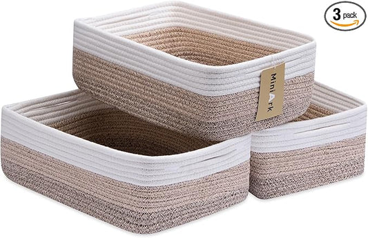 MiniArk Large Shallow Organizing Baskets 15x11x5.1 Inches - Rope Woven Storage Bins for Bathroom, Shelves, Cube Closet, Gradient Brown 3 Packs