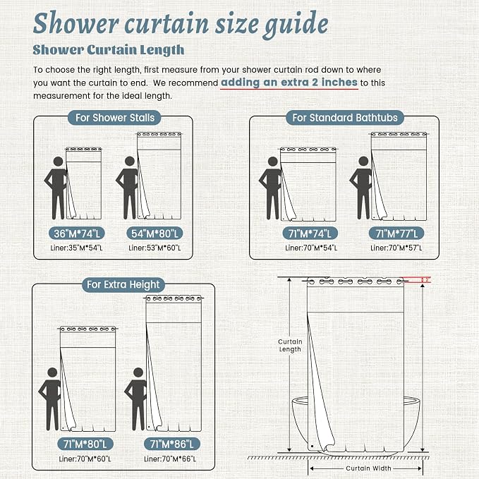 WONICY No Hook Shower Curtain with Liner, Gray Blue, 71 x 74 Inch | Ringless, Waterproof & Washable, Hotel Style, Mesh Top Window, Bottom Magnets, Thick, Farmhouse, for Bathroom