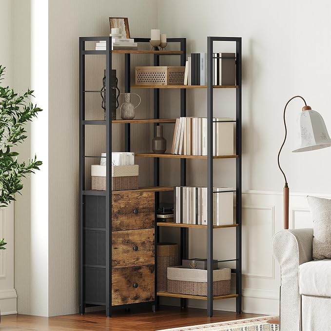 Corner Bookshelf, 7 Tier L-Shaped Bookcase with 3 Drawers, Storage Corner Shelf, Freestanding Tall Display Shelf, Industrial Style, for Living Room, Home Office, Rustic Brown and Black SJ10BR