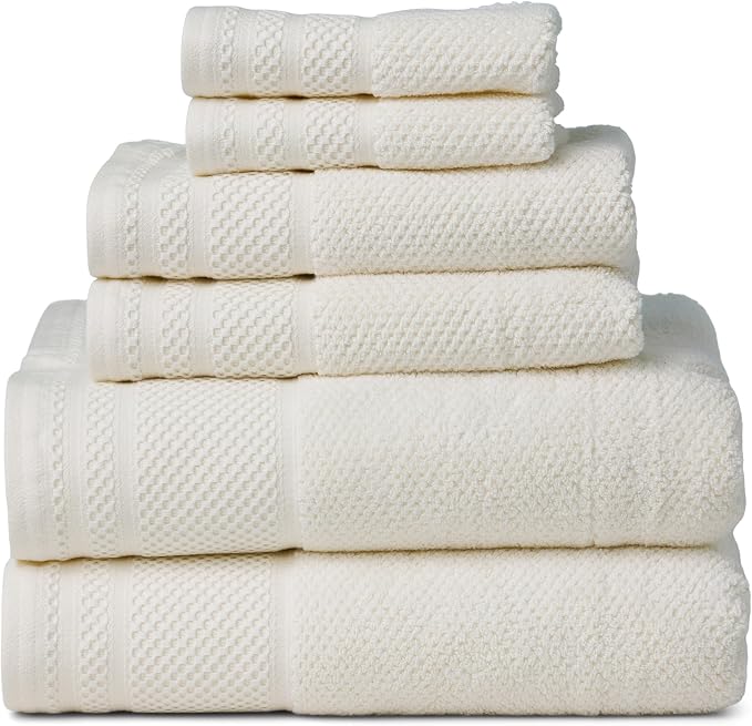 Texere 100% Organic Cotton Rice Weave Jacquard Luxury Bath Towel Sets - Soft and Absorbent Hotel and Spa Quality - 2 Large Bath Towels, 2 Hand Towels, 2 Washcloths (Rice Weave, Cream, 6 Piece)