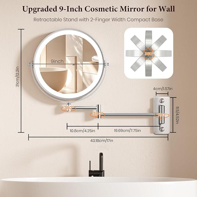 9" Large Wall Mounted Lighted Makeup Mirror, 5000mAh Rechargeable 1X/20X Magnifying Mirror with 3 Color Lights Touch Dimmable, Extended Arm 360° Swivel Bathroom Wall Mounted Makeup Mirror,Pearl Nickel