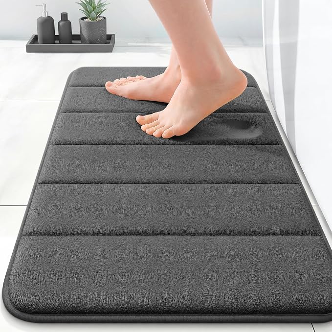 OLANLY Memory Foam Bath Mat 24x16, Super Soft and Absorbent Bathroom Rugs | Black, Quick Dry Bath Rug, Machine Washable Shower Floor Mats, Bathmat Carpet for Bathroom Floor, Tub and Shower