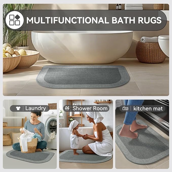 Half Circle Bath Mat, Thin Bathroom Rugs Fit Under Door, Grey 20x31 | Non Slip, Quick Dry Absorbent, Rubber Backing Washable, Semi Circle Bathmat for Bathroom Floor, Tub and Shower, Home Decor