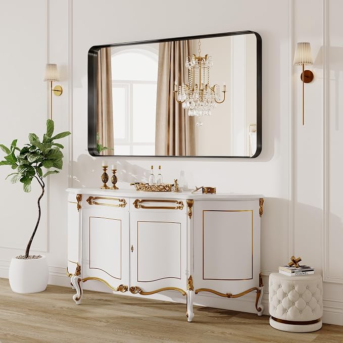 Black Metal Vanity Rounded Rectangle Bathroom Mirrors for Over Sink Wall | 55x30 Inch Large Matte Mirror, Anti-Rust, Modern Decorative for Restroom, Farmhouse