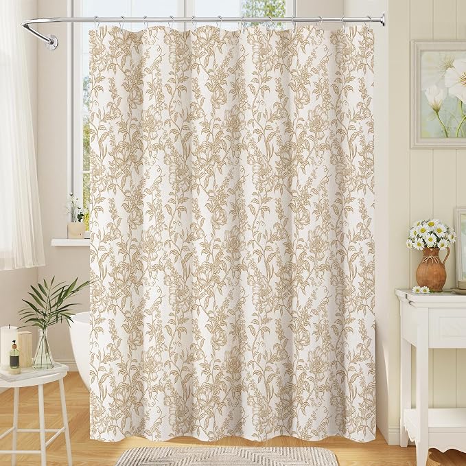 Brown Boho Linen Shower Curtain, Farmhouse Floral for Bathroom | Botanical floral print. Rustic farmhouse boho decor. Durable linen blend fabric. Machine washable for easy care. 72x84