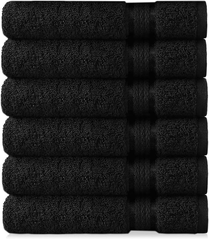 COTTON CRAFT Ultra Soft Hand Towels - 6 Pack 100% Ringspun Cotton Towel Set | Large 16x28 inch Black Hand Towels with a Luxurious Rayon Border - Plush Absorbent 580 GSM Easy Care - Ideal for Everyday use