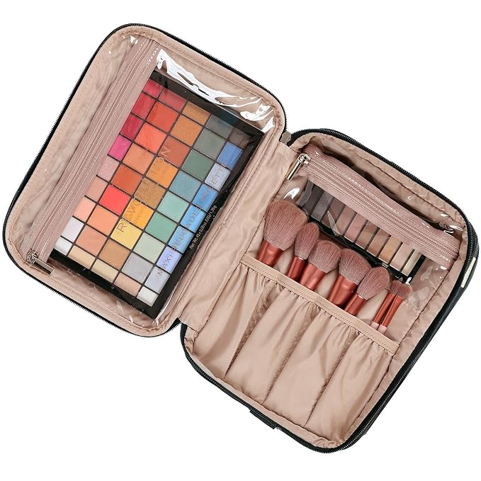 NISHEL Large Makeup Bag Organizer, Double Layer Cosmetic Travel Case | Organizer for brushes, bottles, makeup and skin care products, ideal for trips and daily use, Black, Extra Large