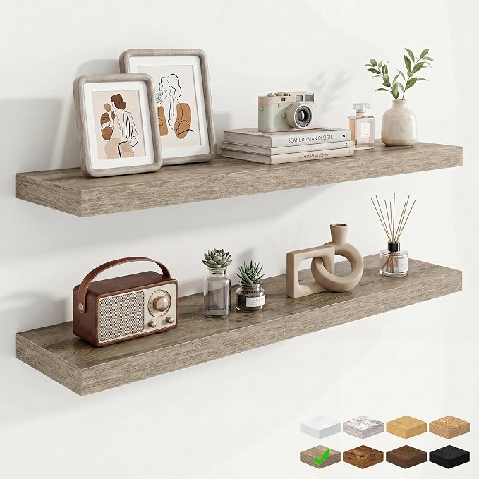 Marsmiles 9.25in Depth 40in Floating Shelves, 40x9.25x1.4, Grey, Set of 2 | Wall Mounted Engineered Wood Shelves, Invisible Brackets for Living Room, Bedroom, Bathroom, Kitchen Decor and Storage