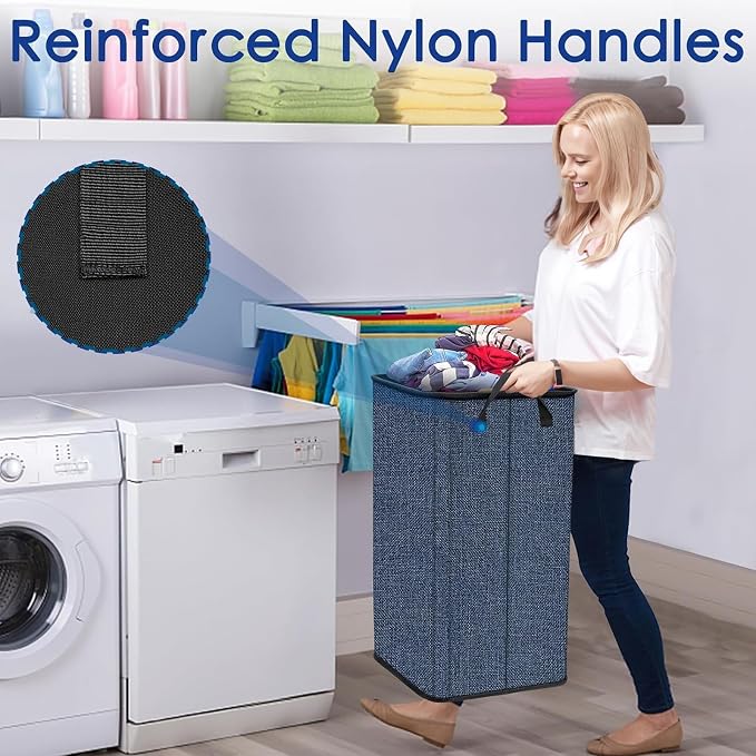 Large Laundry Basket, 80 L Collapsible Tall Hamper with Handle Blue | Dirty Clothes Hamper for Bedroom, Rectangular Sturdy Laundry Basket for College, Dorm, Towels, Toys