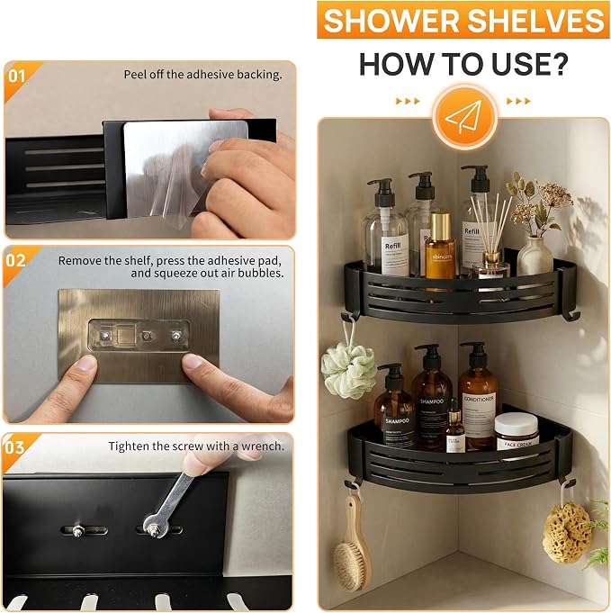 Black Adhesive Corner Shower Caddy 2-Pack, Triangular Shelves | No-drill black triangular shelves for smooth tile, glass and stainless steel shower walls, made for corner bathroom storage