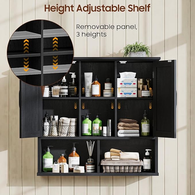 Vabches Bathroom Wall Cabinet, Farmhouse Medicine Cabinet with Double Barn Door and Adjustable Shelves, Wooden Vintage Storage Cabinet Wall Mounted for Bathroom, Kitchen Dining, Rustic Black
