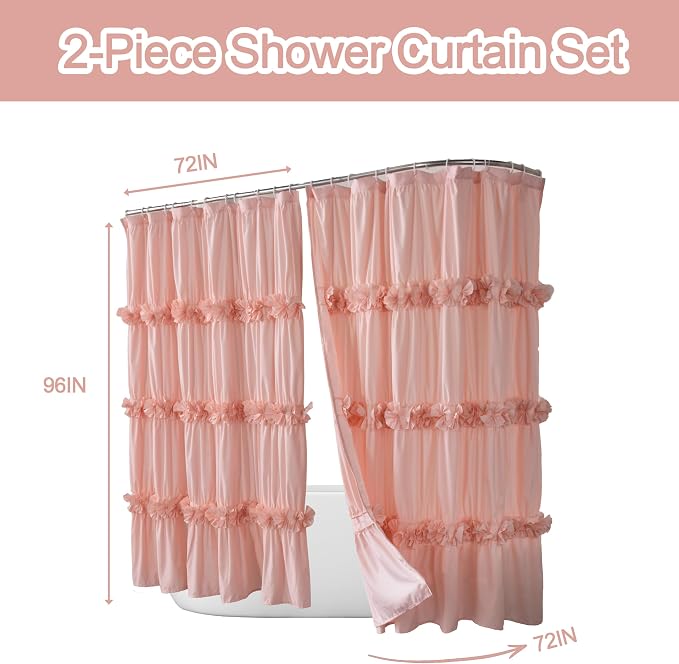 2-Piece Peach Shower Curtain Set, Soft Fabric Double Panels for Easy Access, Cozy Brushed Texture, Ruffle Design, Everyday Bathroom Décor, 72" W x 96" H x 2 Panels (LQ-44)
