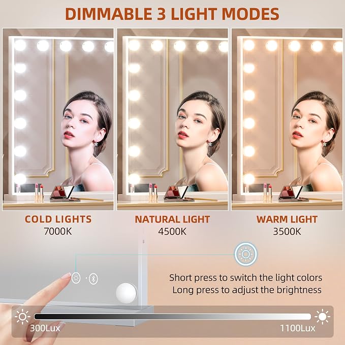 FENCHILIN Vanity Mirror with Lights 32''x23'' Tempered Glass Large Hollywood Mirror with 18 Dimmable Bulbs for Makeup Table/Hanging Bluetooth Speaker Mirror with Touch Screen & USB Charge Port