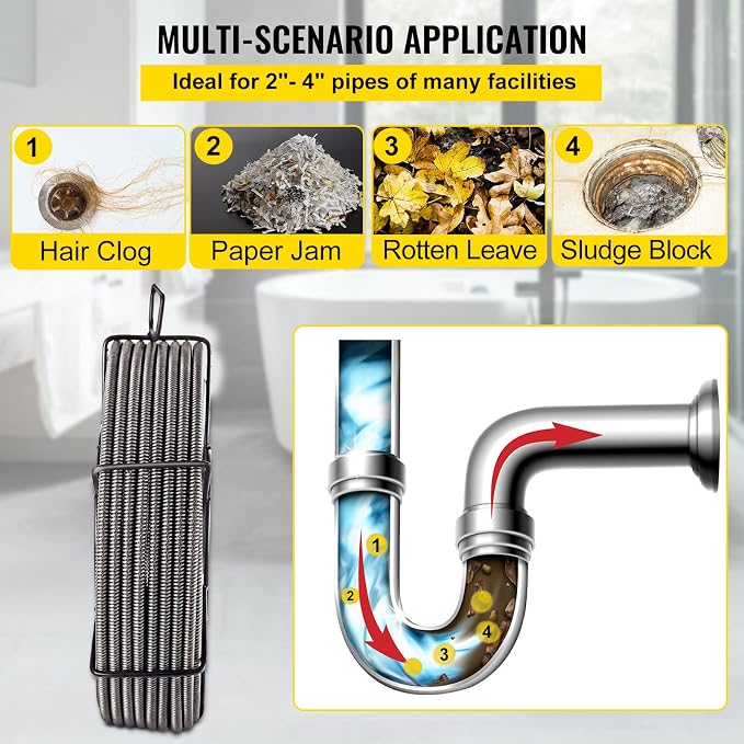 VEVOR Drain Cleaning Cable 75ft x 3/8 inch Solid Core Cable Sewer Cable, Drain Auger Cable Cleaner, Snake Clog Pipe Drain Cleaning Cable W/Four Shapes of Cutters
