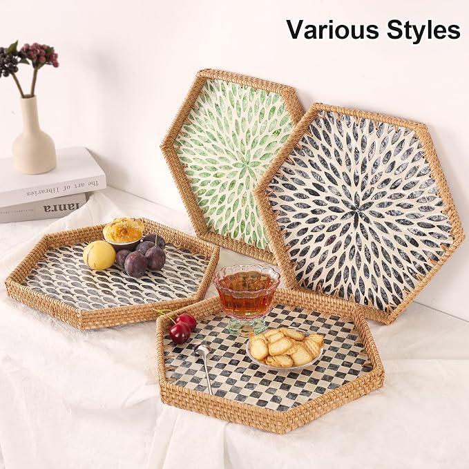 Hexagon Rattan Tray with Mother of Pearl Inlay, Rattan Serving Tray for Coffee, Bread, Fruits, Snacks, Decorative Wicker Tray for Table Decor, Home Decor (Black Checker, 14.5"×12.8")